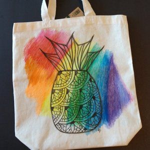Handmade Reusable Tote Bag With Hand Painted Rainbow Pineapple Artwork 15x16x4